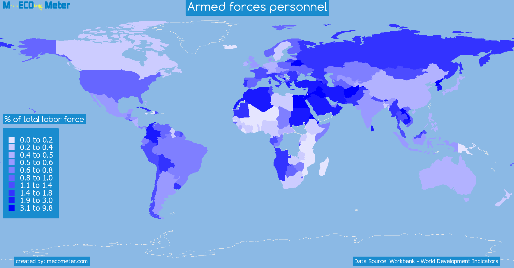 Worldmap of all countries colored to reflect the values of Armed forces personnel
