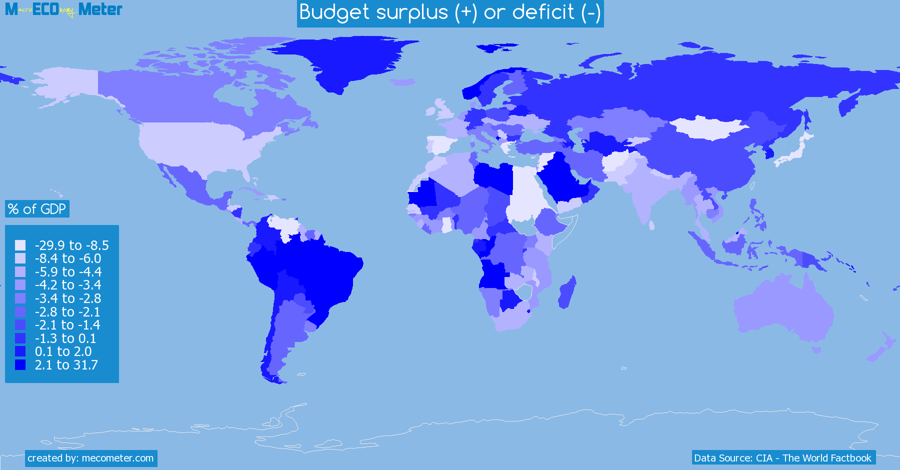Worldmap of all countries colored to reflect the values of Budget surplus (+) or deficit (-)