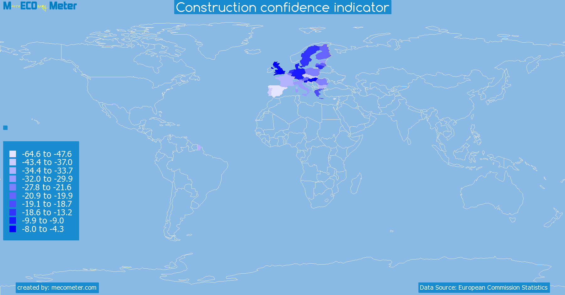 Worldmap of all countries colored to reflect the values of Construction confidence indicator