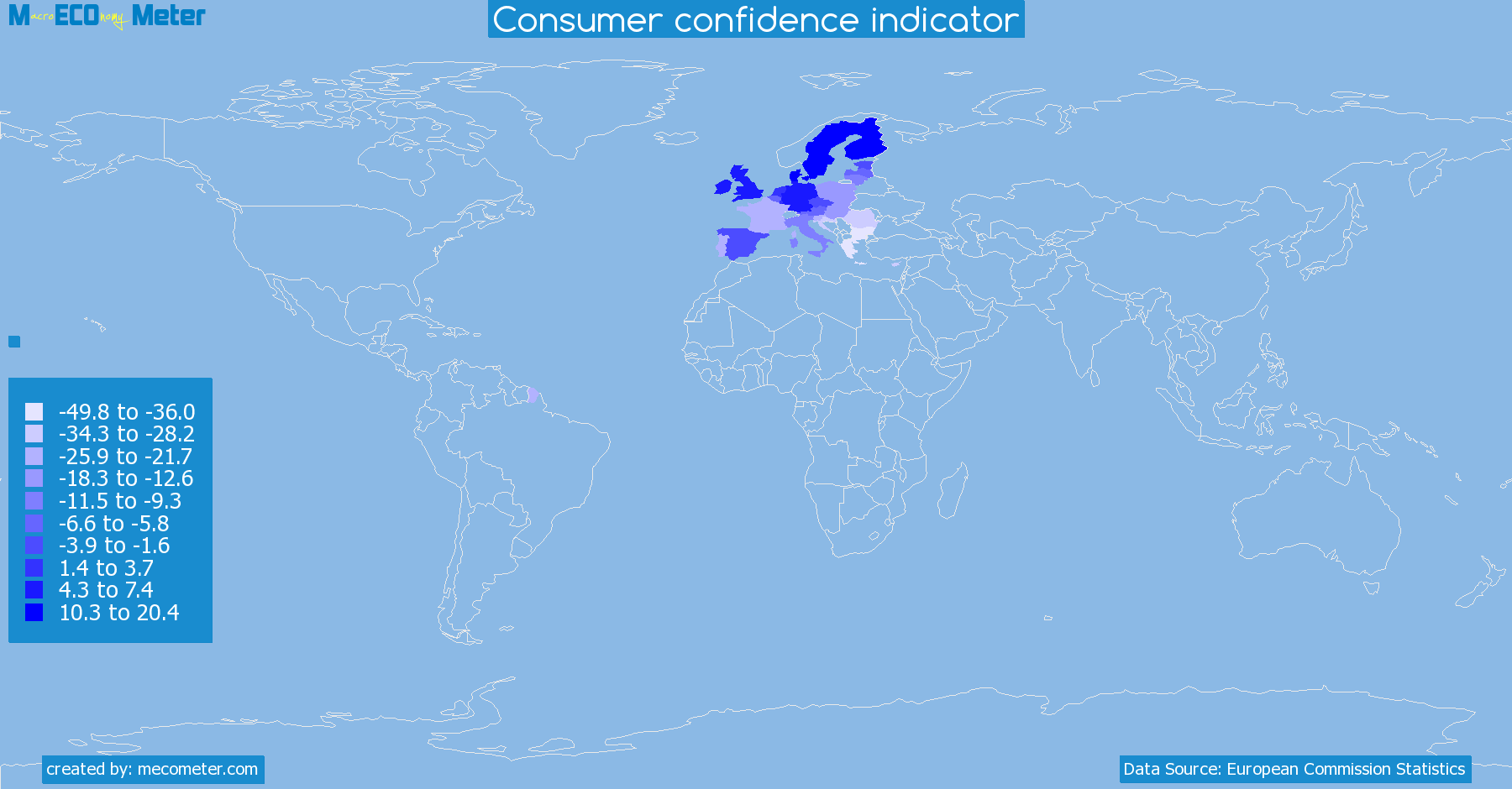 Worldmap of all countries colored to reflect the values of Consumer confidence indicator