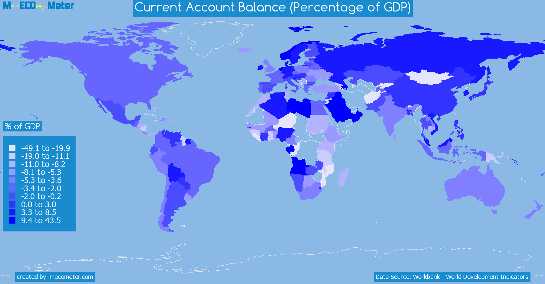 Worldmap of all countries colored to reflect the values of Current Account Balance (Percentage of GDP)