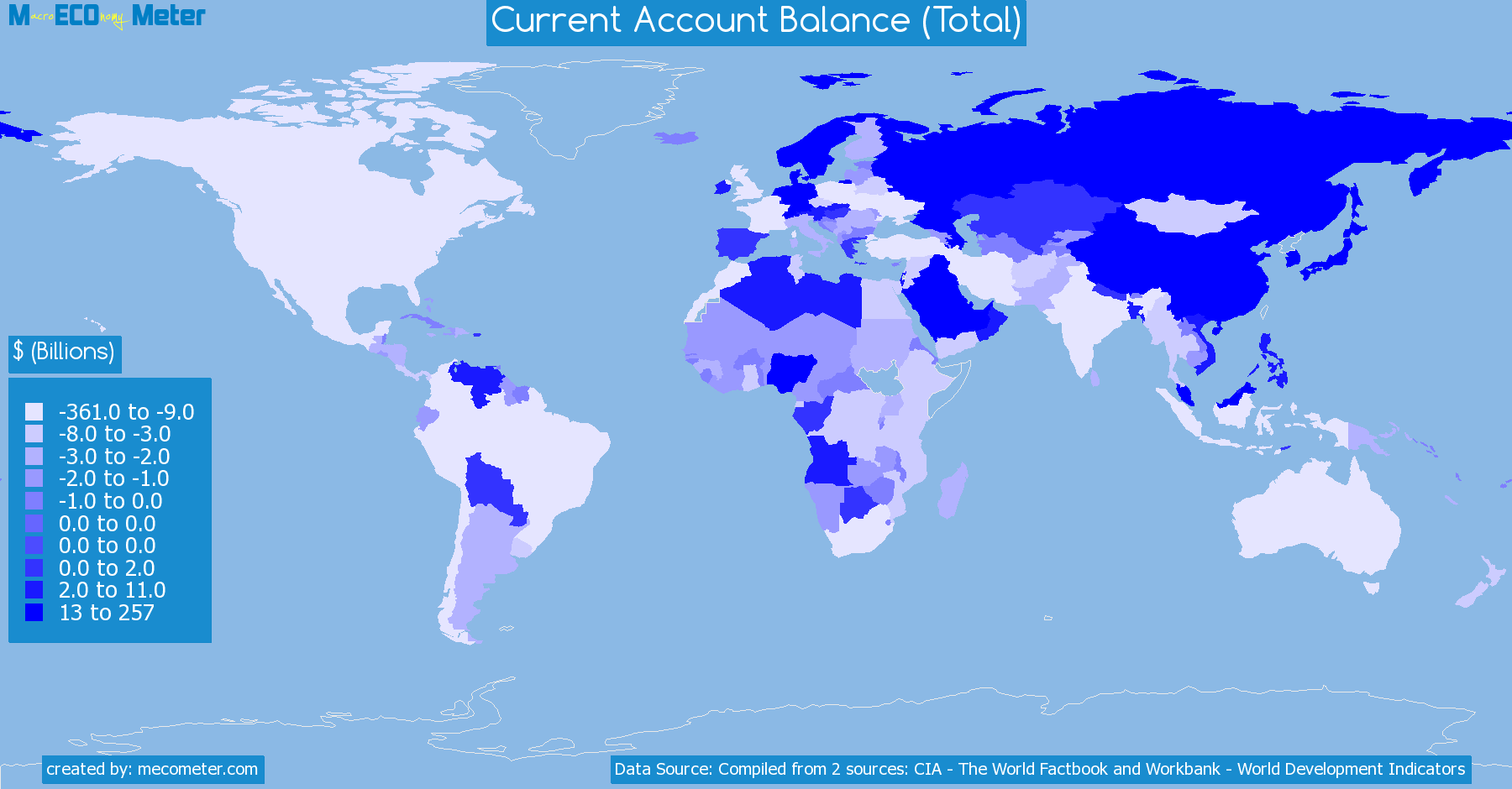 Worldmap of all countries colored to reflect the values of Current Account Balance (Total)