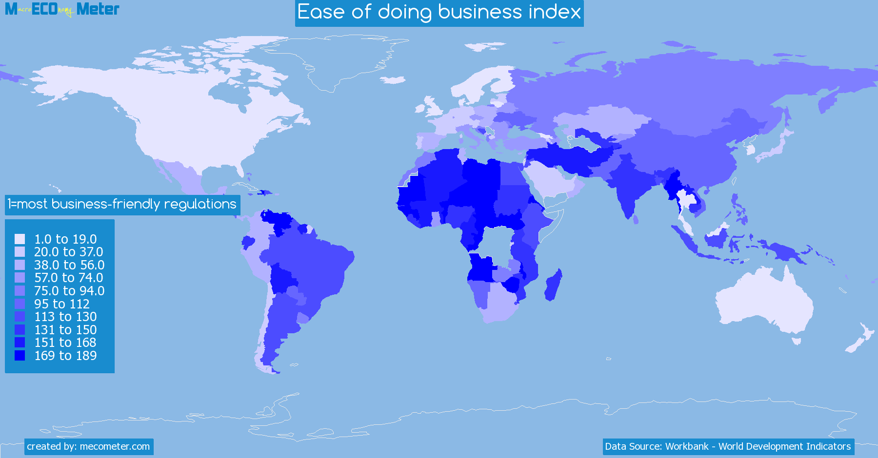 Worldmap of all countries colored to reflect the values of Ease of doing business index