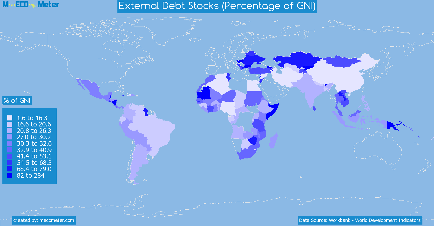 Worldmap of all countries colored to reflect the values of External Debt Stocks (Percentage of GNI)