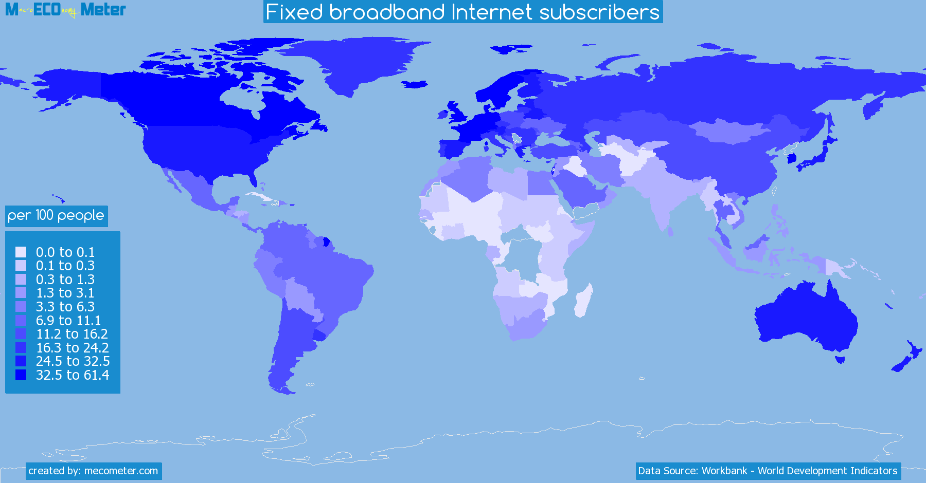 Worldmap of all countries colored to reflect the values of Fixed broadband Internet subscribers
