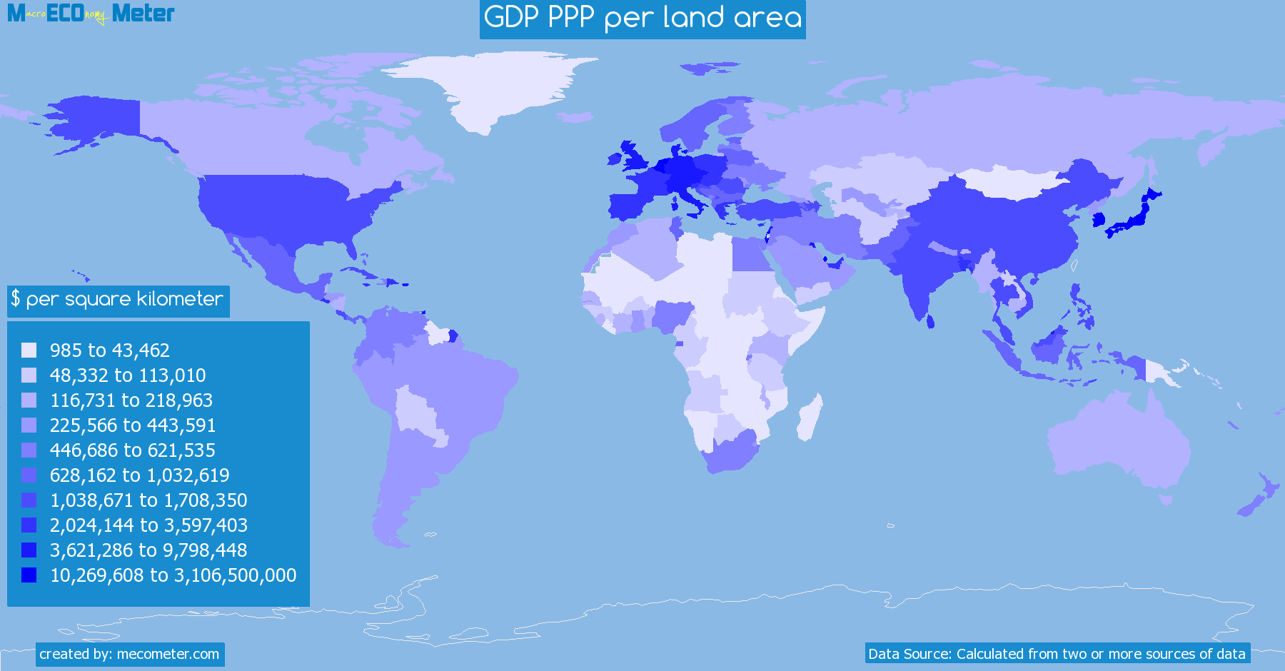 Worldmap of all countries colored to reflect the values of GDP PPP per land area