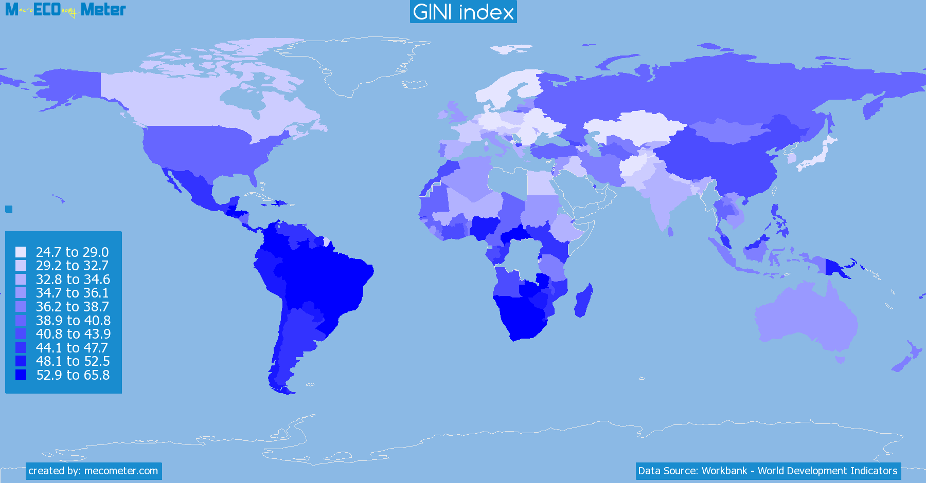 Worldmap of all countries colored to reflect the values of GINI index