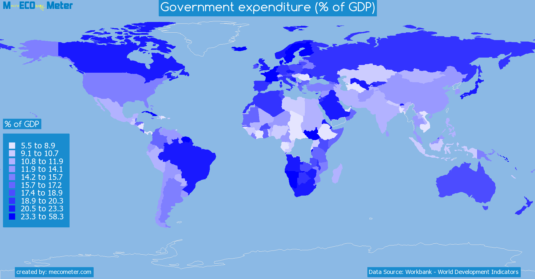 Worldmap of all countries colored to reflect the values of Government expenditure (% of GDP)