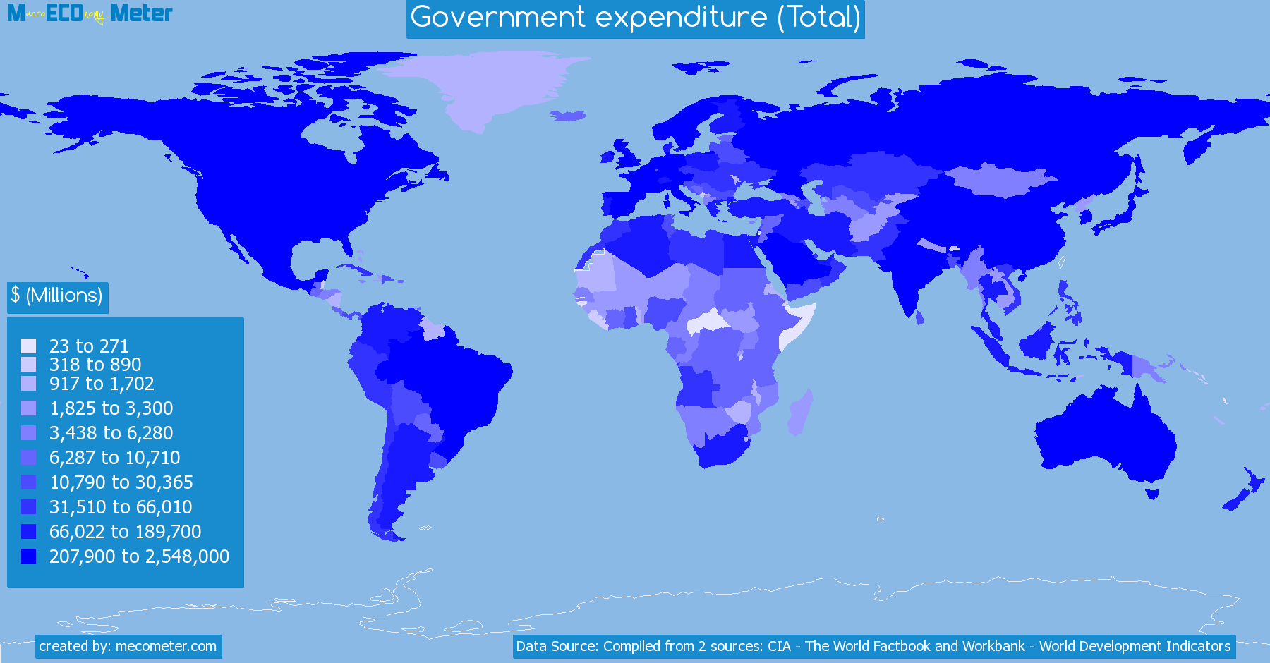 Worldmap of all countries colored to reflect the values of Government expenditure (Total)