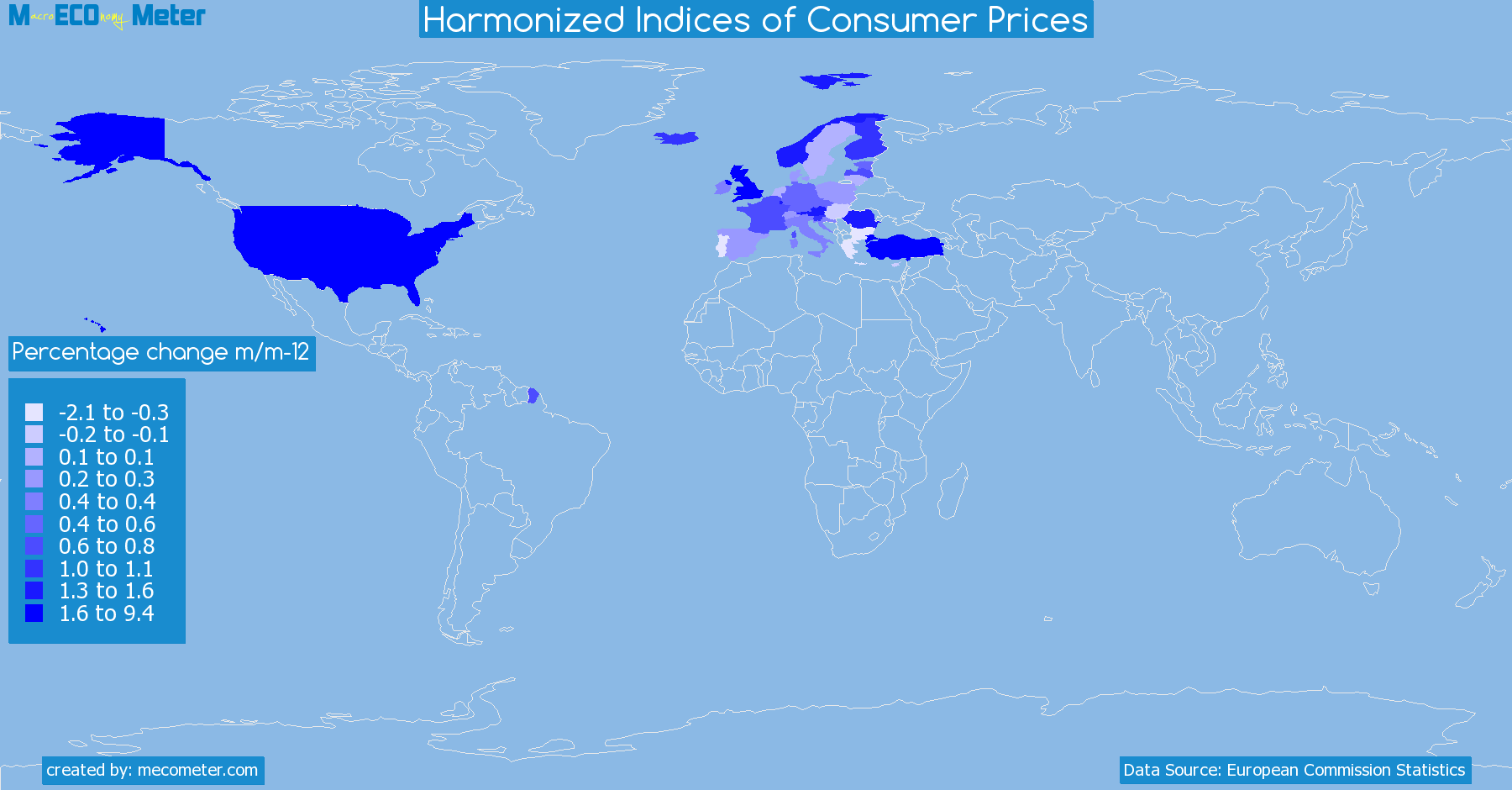 Worldmap of all countries colored to reflect the values of Harmonized Indices of Consumer Prices