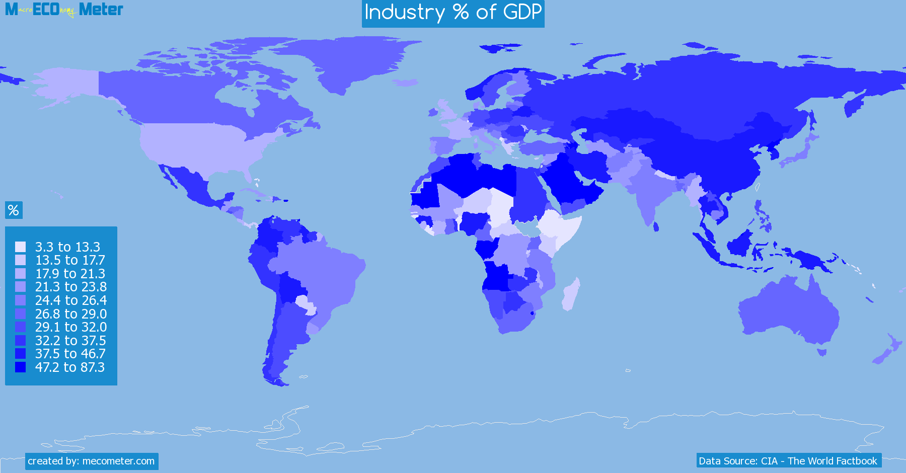 Worldmap of all countries colored to reflect the values of Industry % of GDP