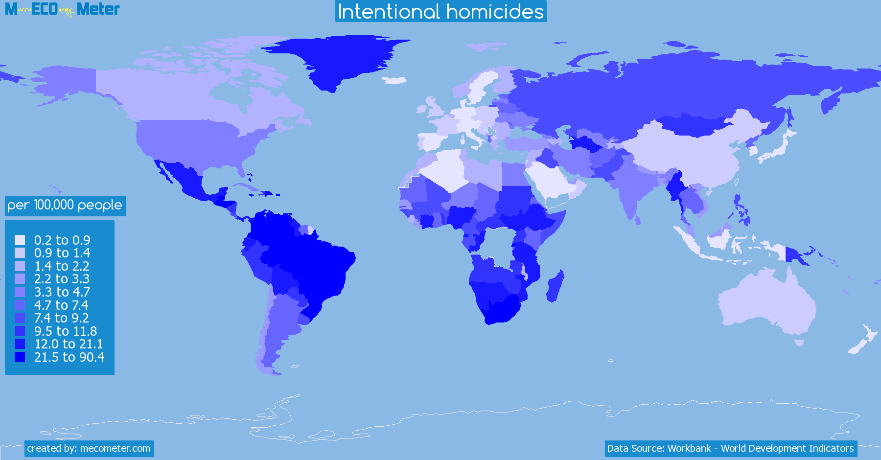 Worldmap of all countries colored to reflect the values of Intentional homicides