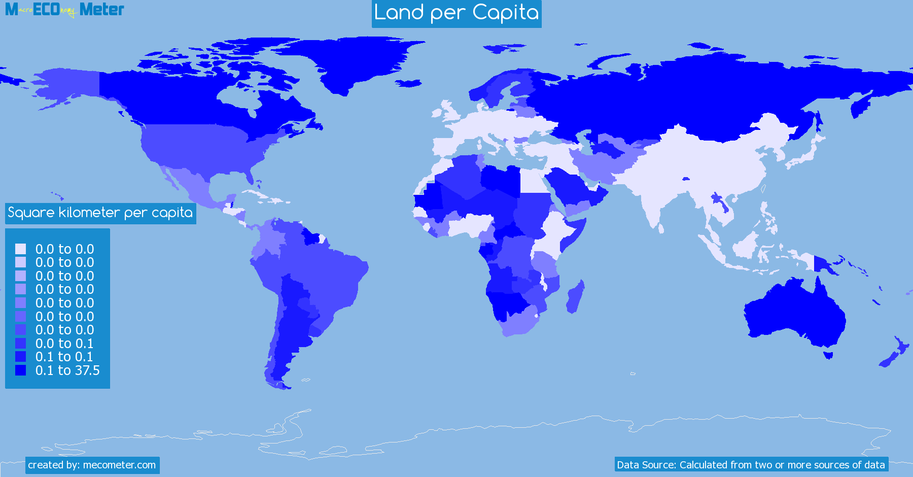 Worldmap of all countries colored to reflect the values of Land per Capita