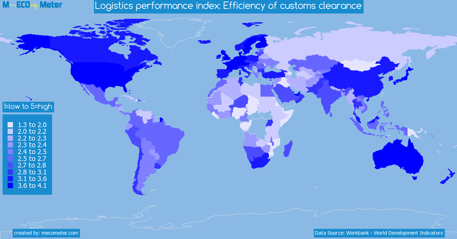 Worldmap of all countries colored to reflect the values of Logistics performance index: Efficiency of customs clearance
