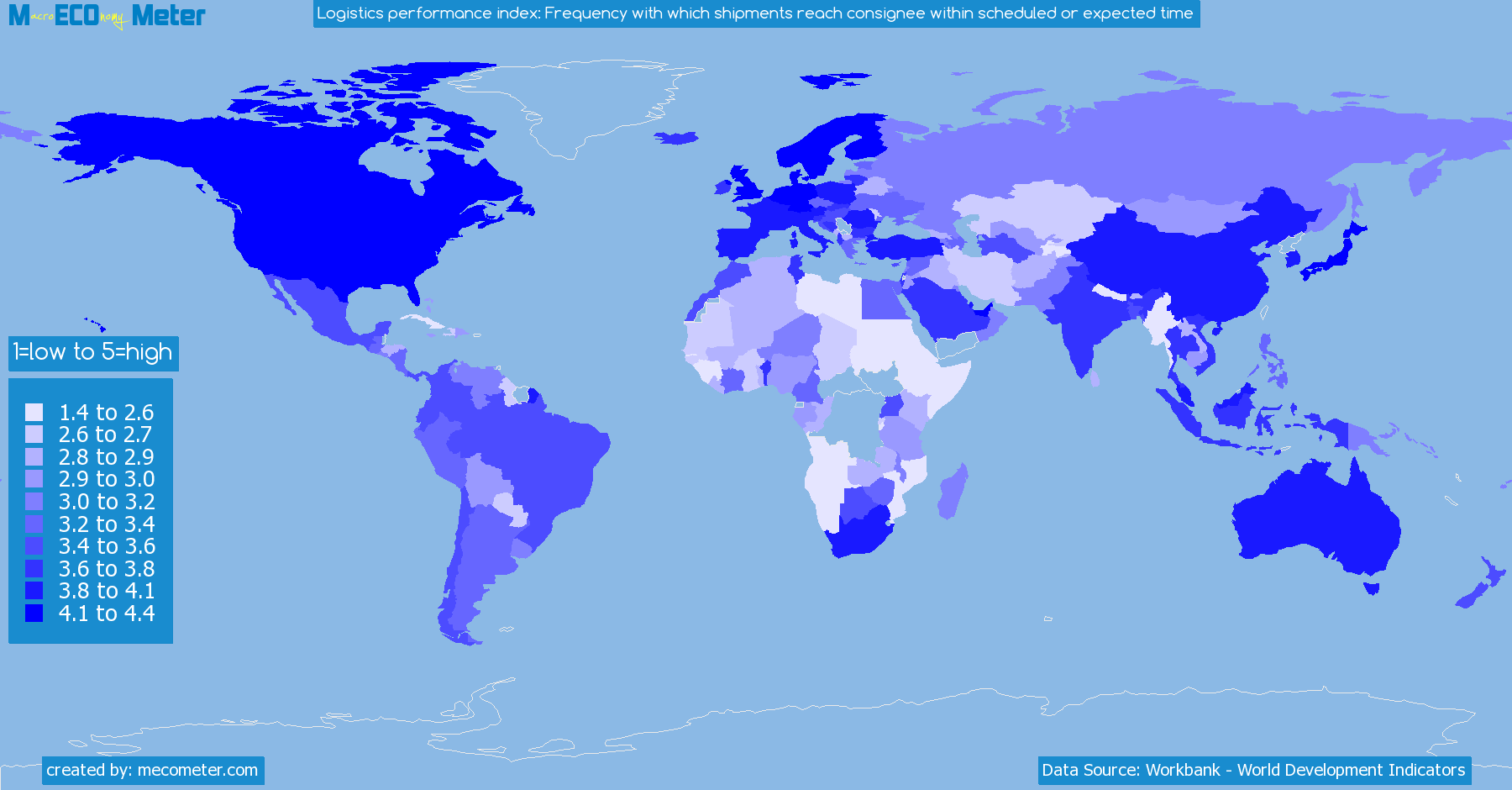 Worldmap of all countries colored to reflect the values of Logistics performance index: Frequency with which shipments reach consignee within scheduled or expected time