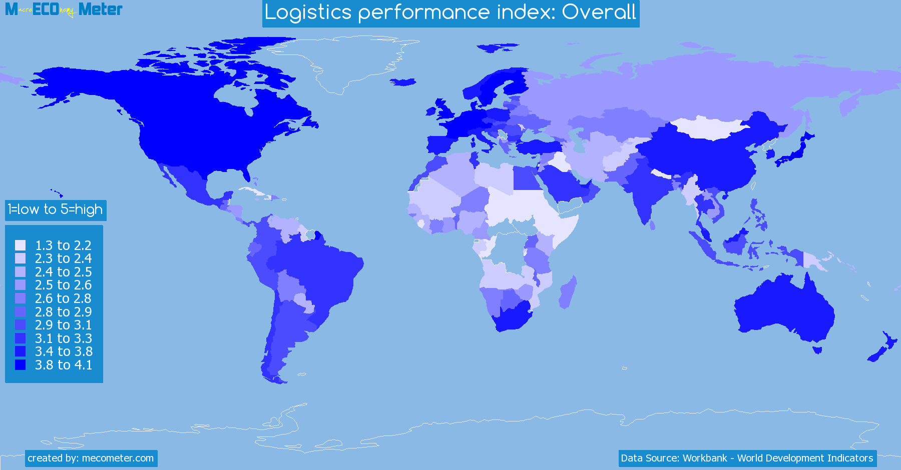 Worldmap of all countries colored to reflect the values of Logistics performance index: Overall