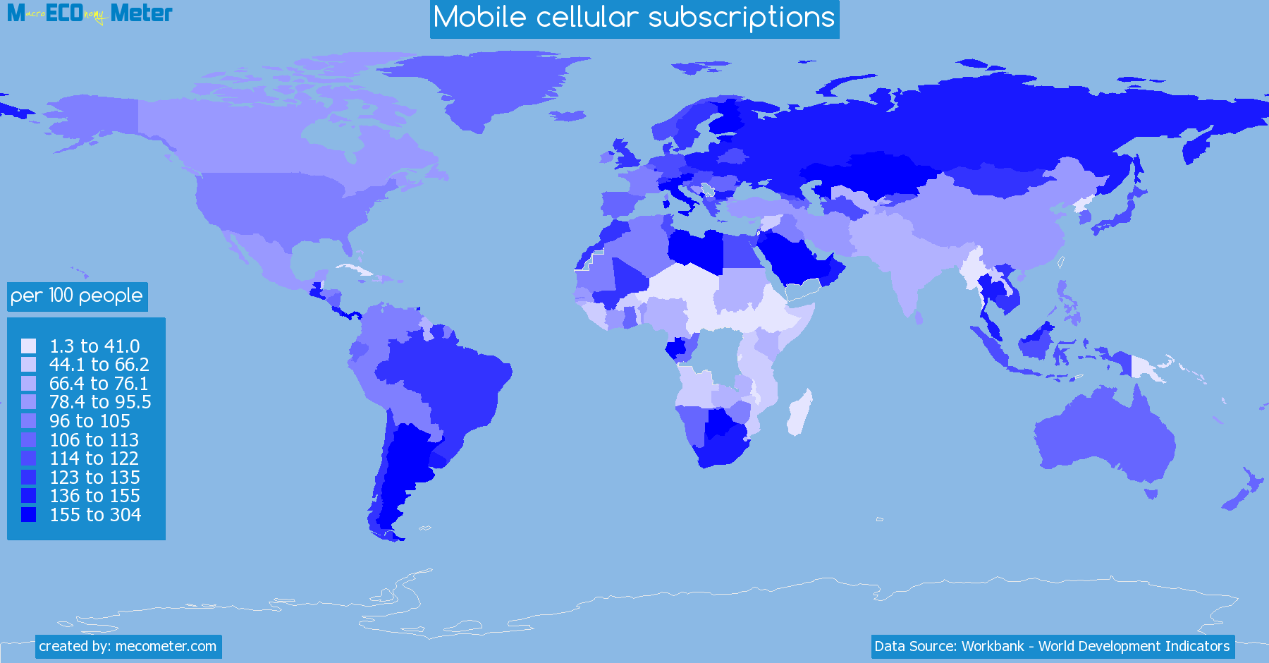 Worldmap of all countries colored to reflect the values of Mobile cellular subscriptions