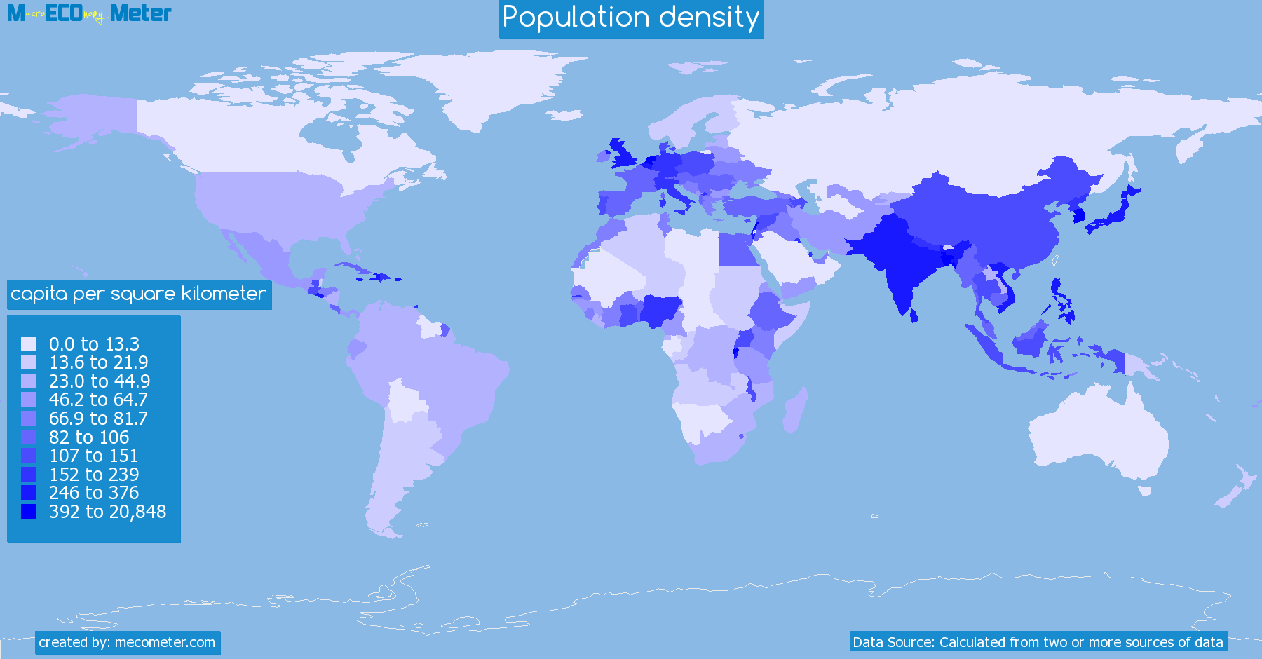Worldmap of all countries colored to reflect the values of Population density