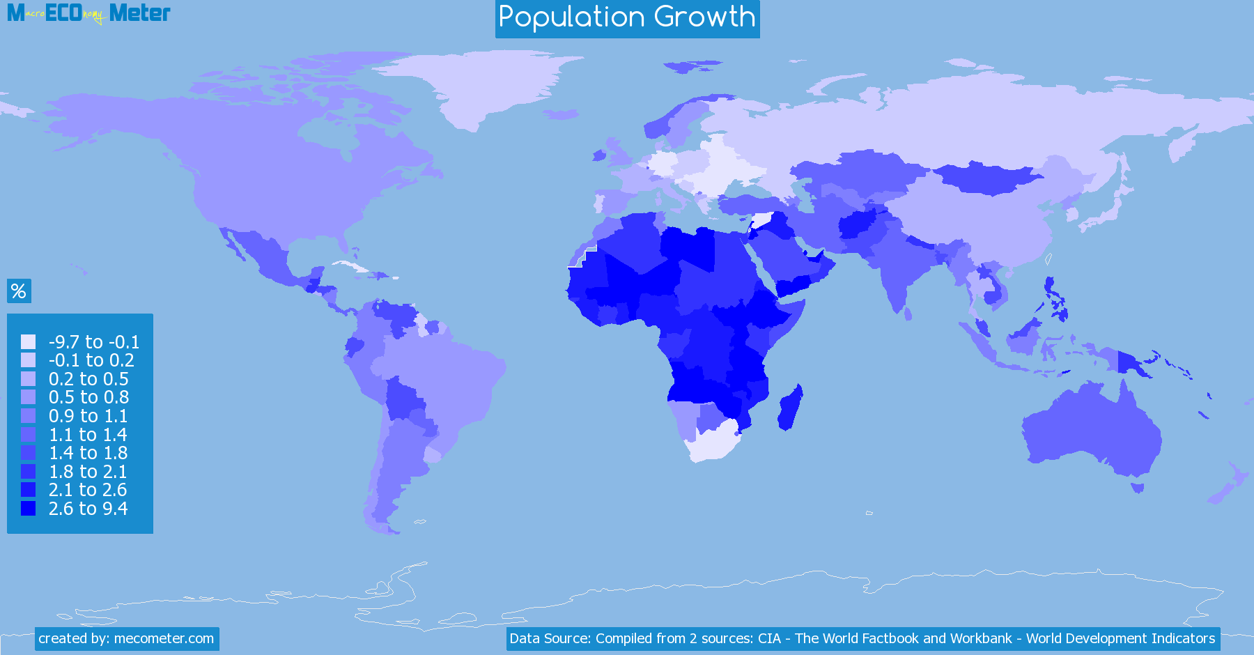 Worldmap of all countries colored to reflect the values of Population Growth