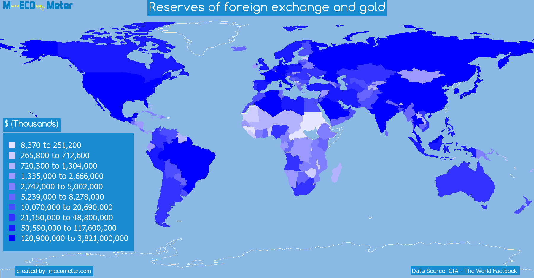 Worldmap of all countries colored to reflect the values of Reserves of foreign exchange and gold