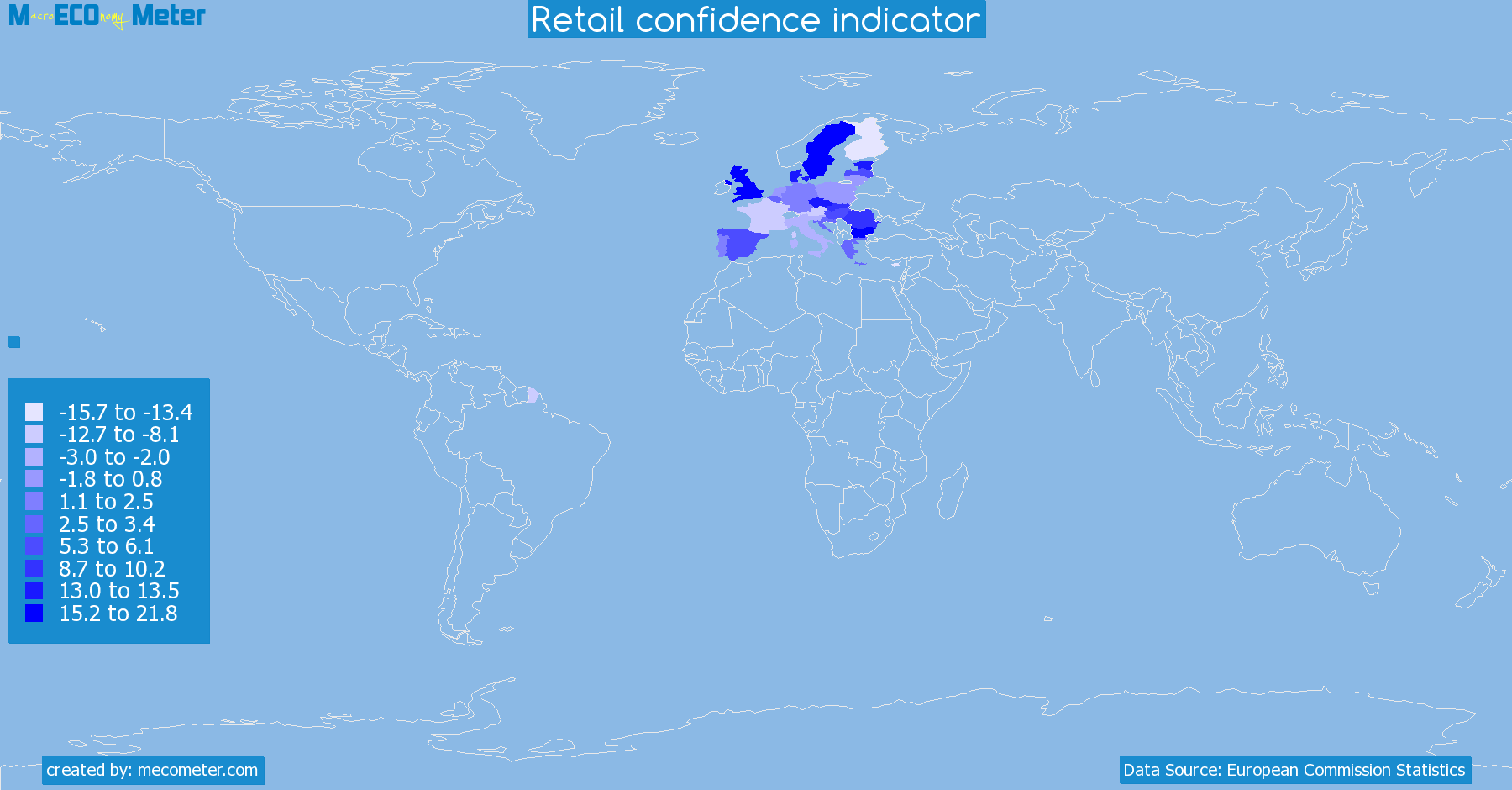 Worldmap of all countries colored to reflect the values of Retail confidence indicator