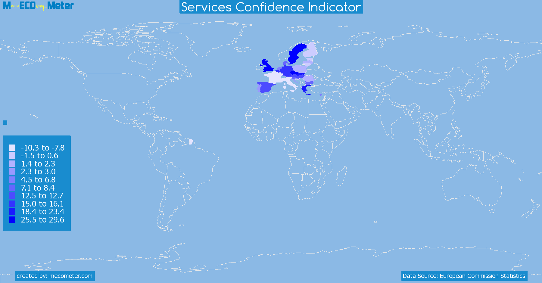Worldmap of all countries colored to reflect the values of Services Confidence Indicator