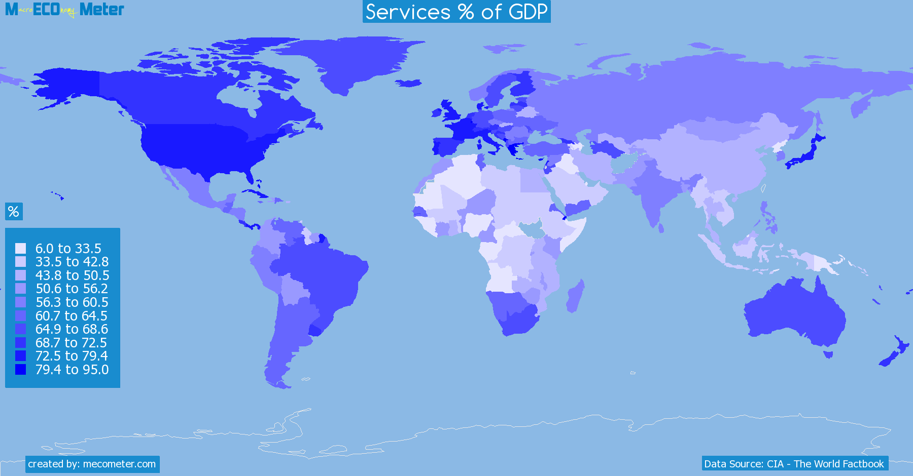 Worldmap of all countries colored to reflect the values of Services % of GDP