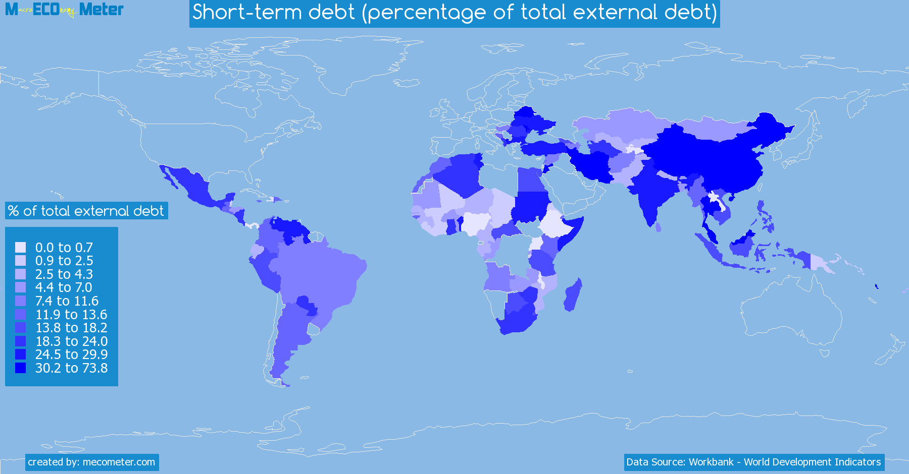 Worldmap of all countries colored to reflect the values of Short-term debt (percentage of total external debt)