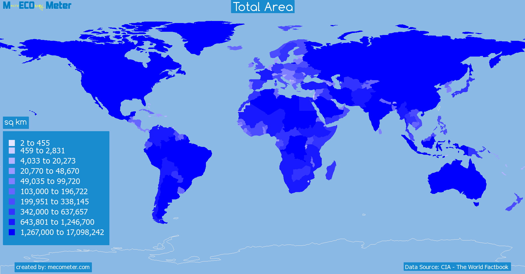 Worldmap of all countries colored to reflect the values of Total Area