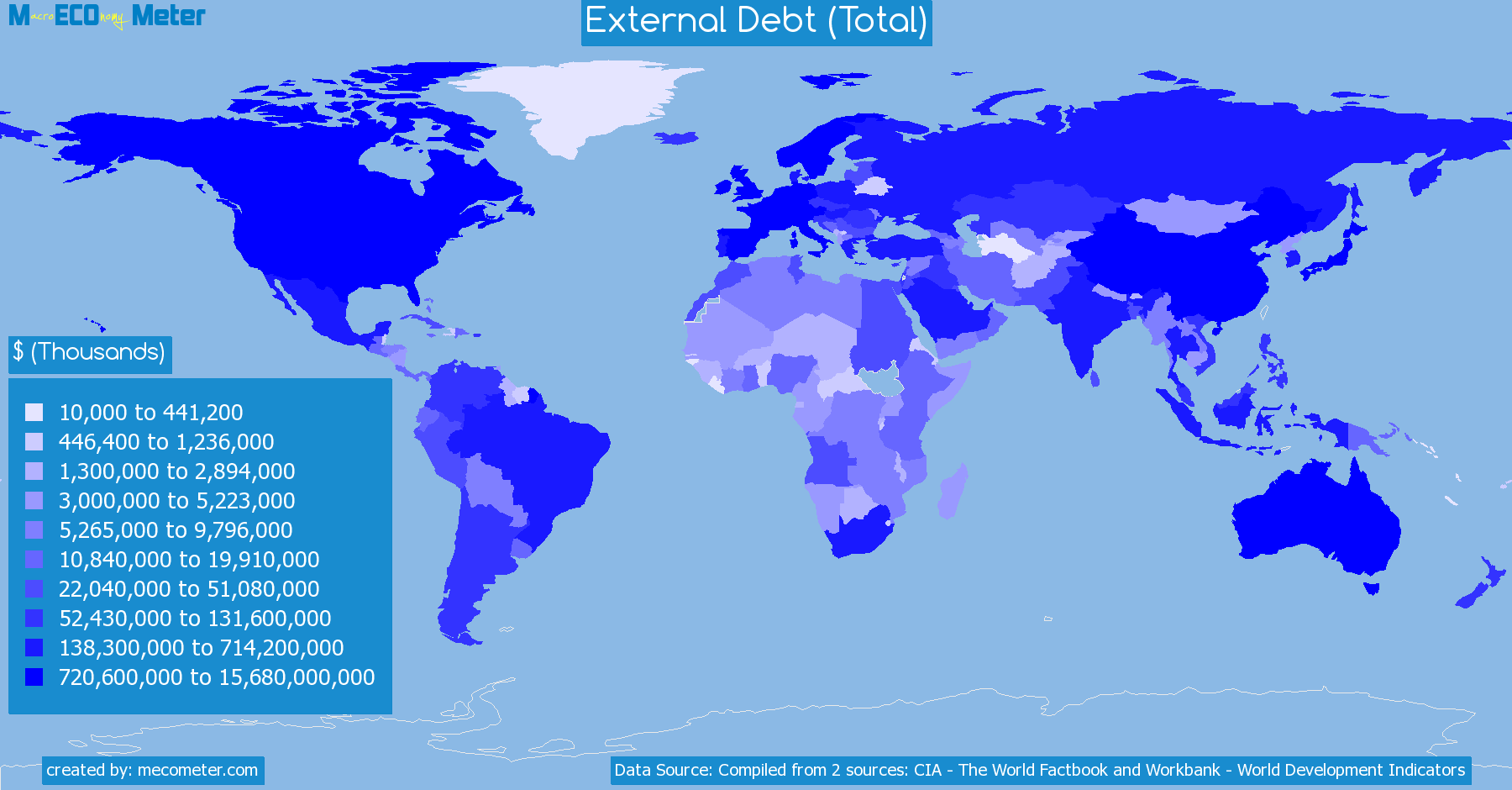 Worldmap of all countries colored to reflect the values of External Debt (Total)