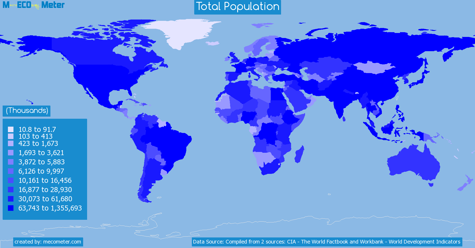 Worldmap of all countries colored to reflect the values of Total Population