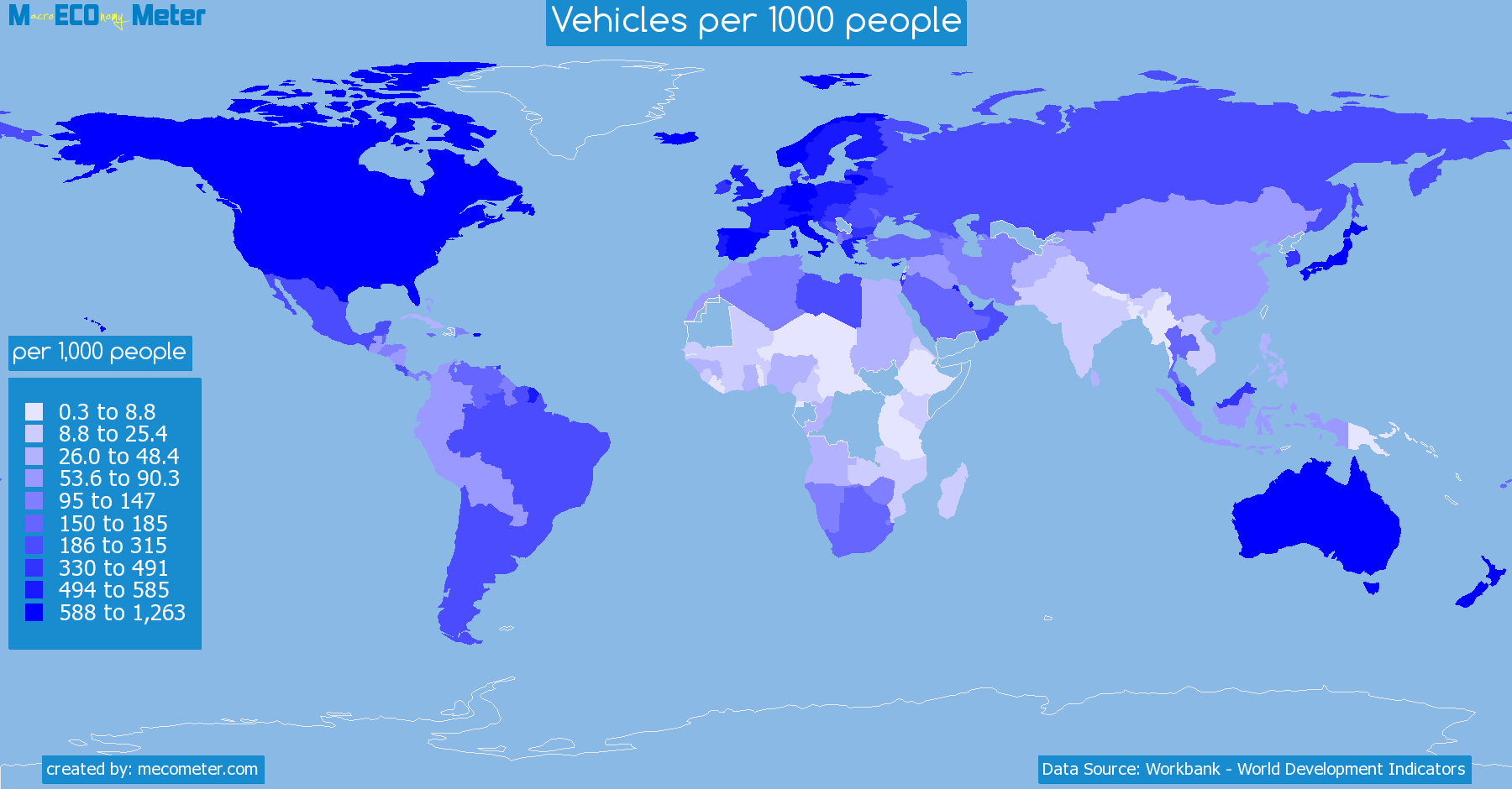 Worldmap of all countries colored to reflect the values of Vehicles per 1000 people