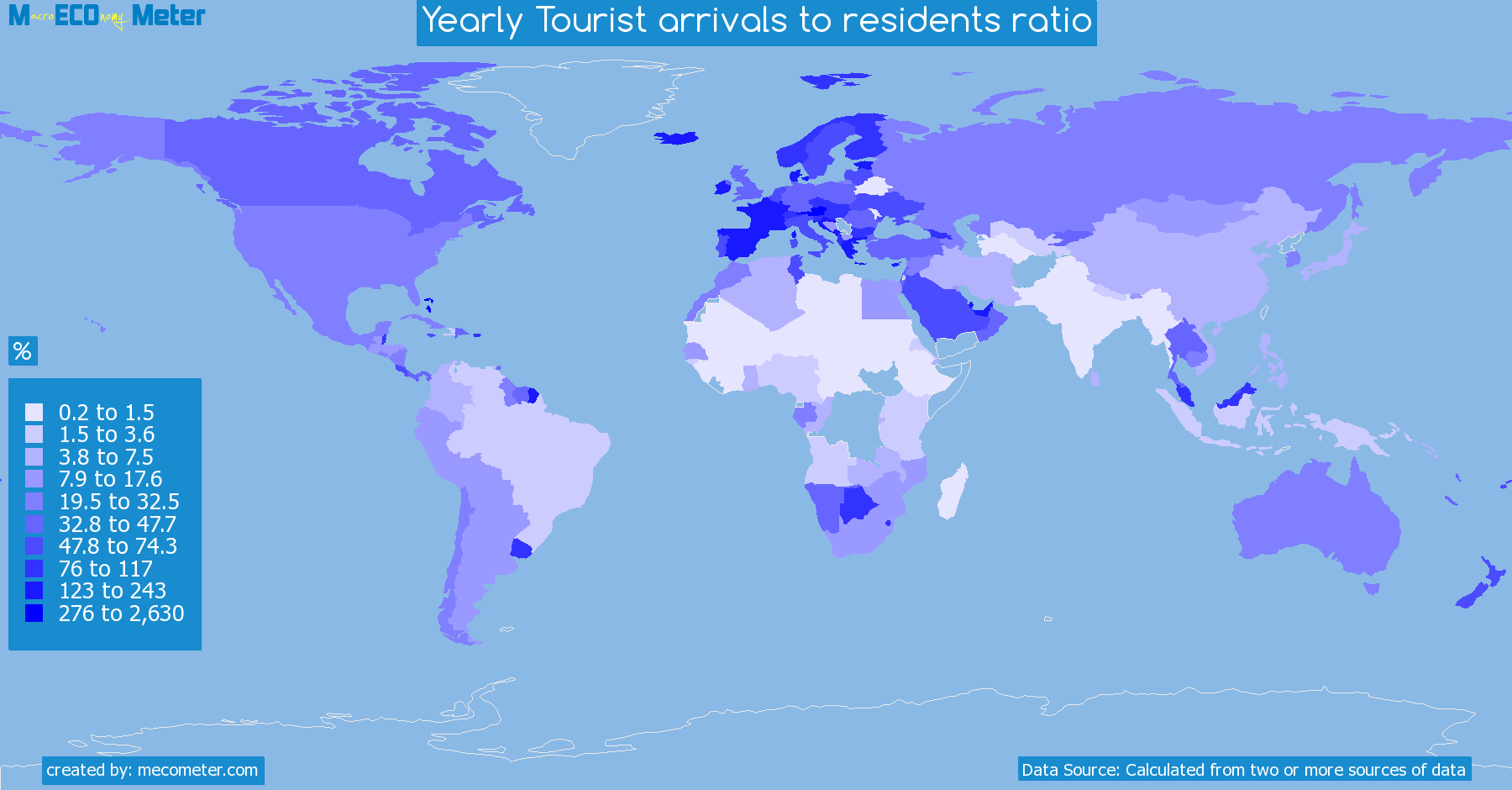 Worldmap of all countries colored to reflect the values of Yearly Tourist arrivals to residents ratio