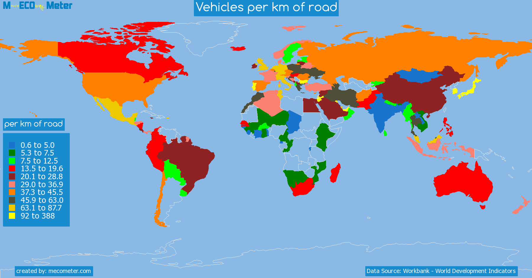 list of countries by Vehicles per km of road