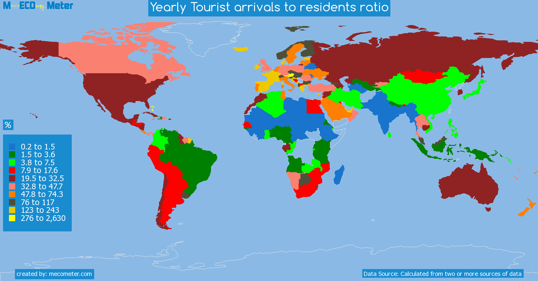 list of countries by Yearly Tourist arrivals to residents ratio